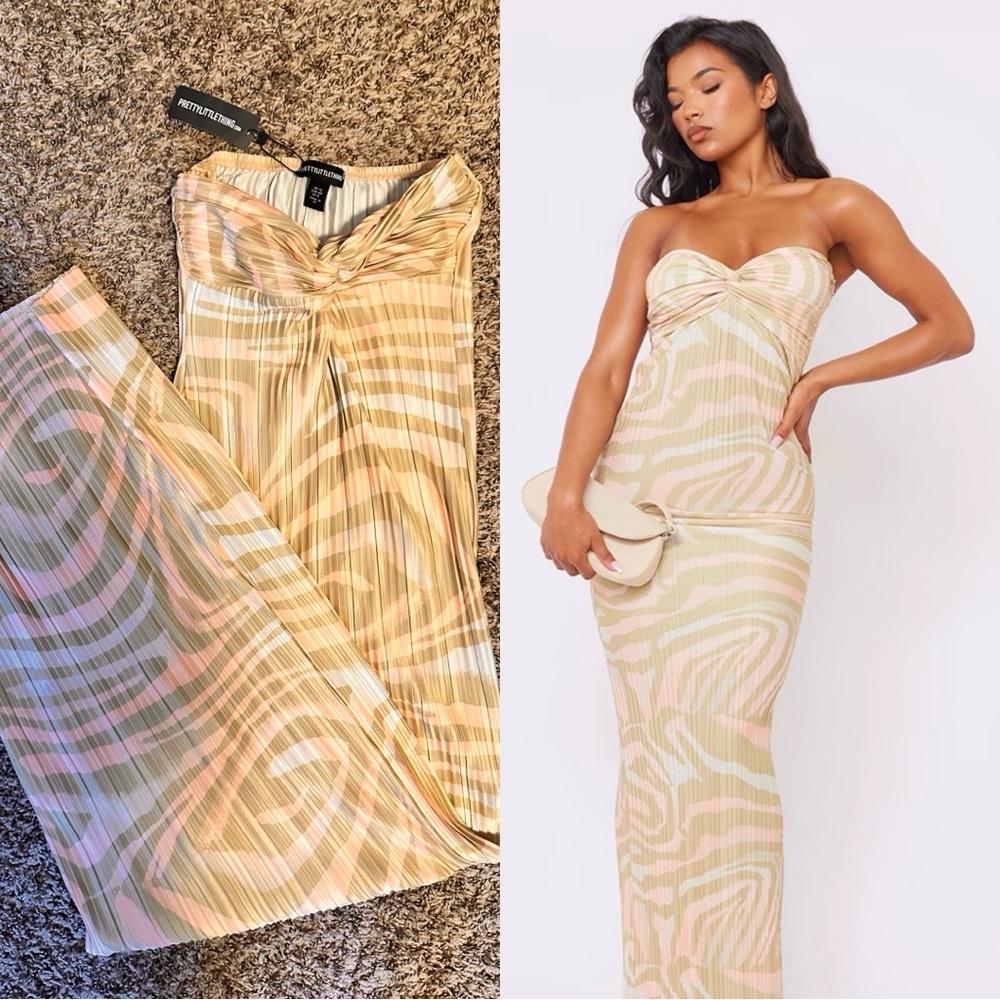 PLT: Beige Zebra Print Plisse Knot Bandeau Maxi Dress